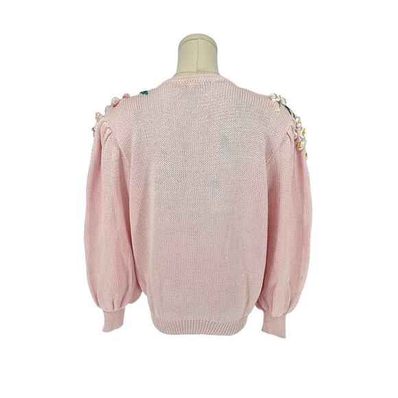 1980s Vintage Floral Hand Embroidered Granny Chunky Cardigan Sweater Pastel Pink - Picture 2 of 12